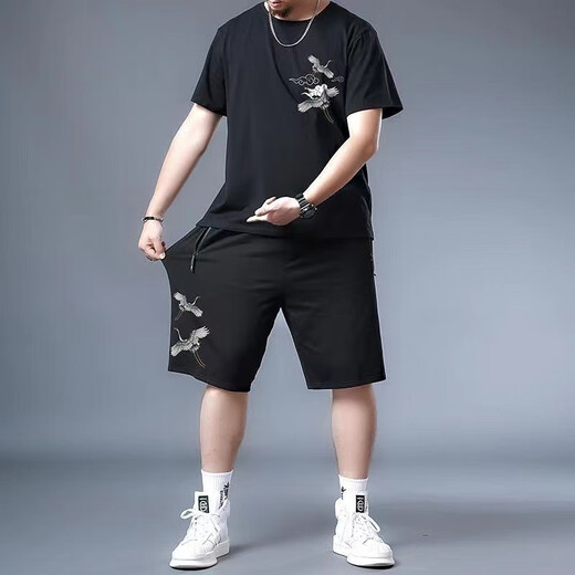 啄木鸟断码2025潮牌加肥加大运动套装男夏季胖子黑色宽松休闲大码短袖短 黑色9922 M