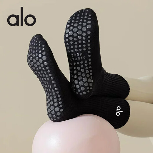 ALO YOGA women's long yoga socks solid color cotton socks Pilates dispensing anti-slip sports fitness shock-absorbing socks pure black