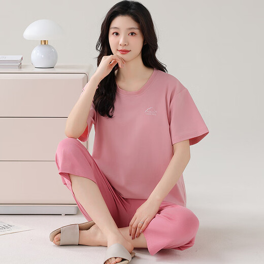 雅鹿莫代尔睡衣女夏加肥加大码短袖七分裤夏天薄款宽松套头家居服套装 XP-7027 M