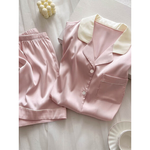 VS简约纯色冰丝睡衣女夏2025新款短袖粉色轻奢感家居服套 11/9226黑猫双短 M (建议80-100斤)