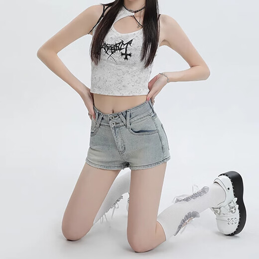 Light blue denim shorts for women in summer new high waist stretch slim fit a-line tight hip hot pants retro blue M