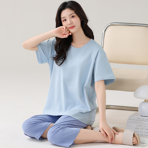 雅鹿莫代尔睡衣女夏加肥加大码短袖七分裤夏天薄款宽松套头家居服套装 XP-7027 M