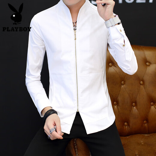 花花公子（PLAYBOY）男士衬衫长袖春秋唐装盘扣中式立领外套中国风休闲衬衣感男装 白色9905盘扣立领衬衫 2XL