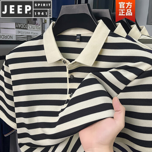 JEEP SPIRIT短袖T恤男2025新款条纹翻领休闲半袖夏季宽松薄款男士短袖POLO L9906       深蓝 M 165 建议90-120斤
