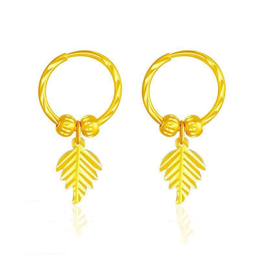 KZD Old Phoenix Gold Store Model Hong Kong Duty Free 9999 Color Earrings Gold Leaf Earrings Versatile Slimming Temperament Earrings 18K Gift Box + Certificate Lao Fengxiang's Same Style Lao Fengxiang's Same Style