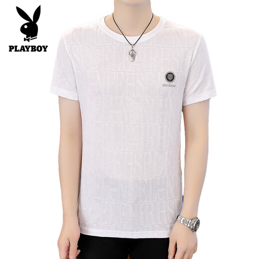 Playboy (Playboy) Camiseta de altura corta de seda de seda de lujo para masculina para camiseta delgada de seda de verano de verano para hombres modernos y versátiles blancos de media manga K833 M 165 [Adecuado para 100-120 Jin [Jin equivale a 0.5 kg]]