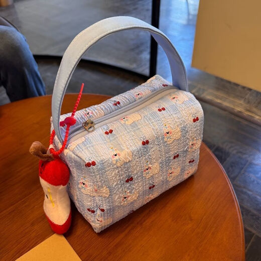 2025 new high-value makeup storage bag large capacity portable washing and storage three-dimensional travel makeup handbag blue pleated puppy handbag