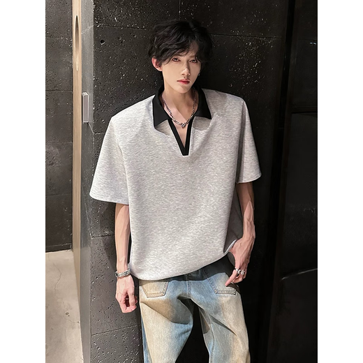 
7 high-quality cleanfit shoulder pad short-sleeved T-shirt for men's summer new front-shoulder polo shirt heavy loose half-sleeved top for men WYN-733 gray M