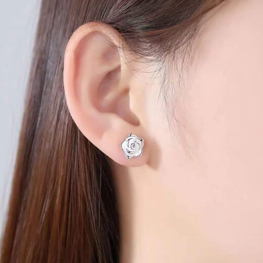 Lingmeng Hong Kong Silver Earrings 9999 Sterling Silver Earrings for Women Rose Silver Earrings Earrings for Mom Hypoallergenic Rose Earrings + Certificate 3.59g