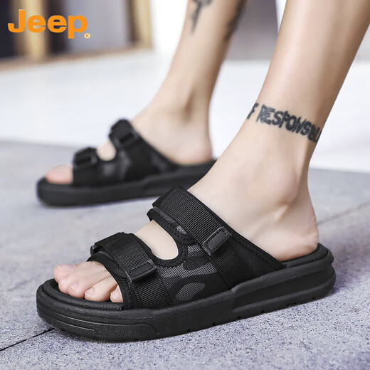 吉普（JEEP）拖鞋男2024新款魔术贴夏季外穿潮流一字拖男款防滑青少年沙滩凉鞋 黑色 42