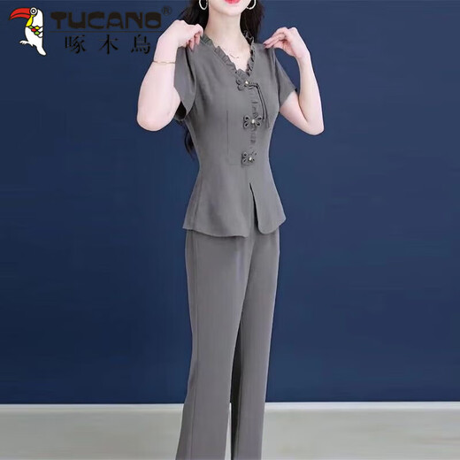 Pájaro carpintería (tucano) traje de gran tamaño de lujo de lujo nuevo estilo elegante y de moda oreja de madera camisa de manga corta pantalones casuales set de dos piezas 2xl
