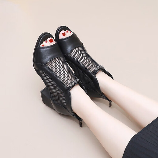 2025 Sommer neuer Stil Fischschuhe für Frauen dicke Fersennetzschuhe echte Leder-Leder-Diamantstiefel Frauen High Heel Sandalen Sommer schwarz innen und außerhalb des echten Leders 34