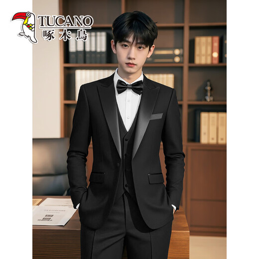Woodpecker Tuxedo Evening Dress Wedding Groom Slim Suit Suit Wedding High-Level Host Men's Formal Wear Peaked Collar - Black Two-piece Set XL 120-139Jin Jin is equal to 0.5 kg