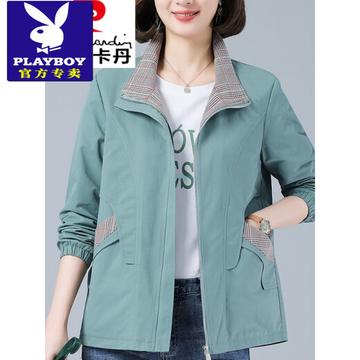 花花公子（PLAYBOY）时尚拼接宽松短外套女2025春秋新款中年妈大号减龄休闲翻克 豆绿色 L 110斤以下