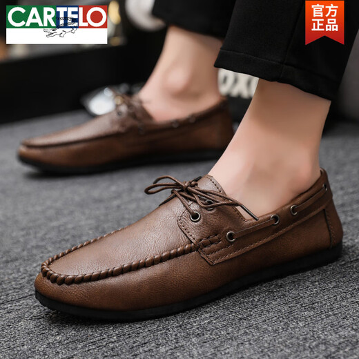CARTELO round toe shoes casual men's sporting Lef Bean Doodle leather shoes with one foot British flat sole lightweight breathable formal wear D882 brown 42
