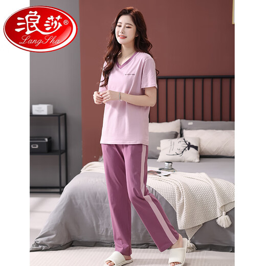 Langsha Pajamas Coton féminin pur pantalon à manches courtes Summer 2025 NOUVELLE CENSEMENT HOME SET CASSORAD, confortable et simple, peut être porté à l'extérieur de la poudre de pâte de haricot 7374 2xl 140-160jin [Jin est égal à 0,5 kg]