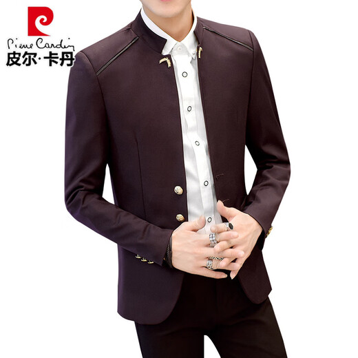 Pierre Cardin tunic suit men's spring and autumn jacket youth slim casual thin small suit Chinese stand collar suit burgundy 3XL