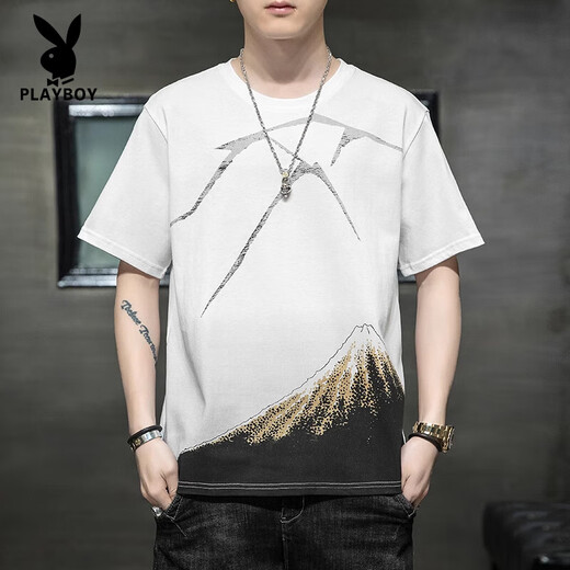 Playboy (Playboy) High-End-Kurzärärmel-T-Shirt für Herren-Baumwollkleidung 2025 NEU NEUER SOMMER MODE TRENDY Casual T-Shirt für Herren Fashion 829 Gray 3xl [161-170jin [Jin ist 0,5 kg]]]