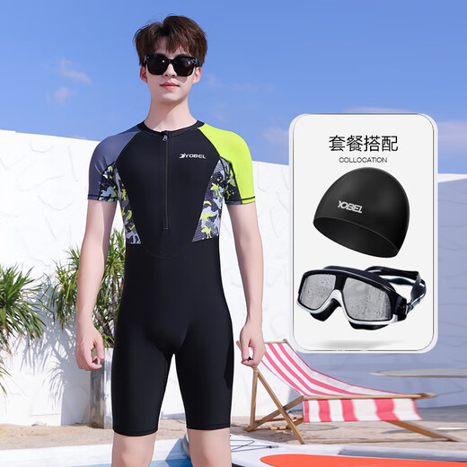 Yobel's new men's one-piece swimsuit, teenagers, children, sun protection, quick-drying, high school students' wetsuit, surfing suit, swimming suit, black fluorescent + swimming cap + swimming goggles 2XL recommended weight 150-170Jin Jin equals 0.5 kg