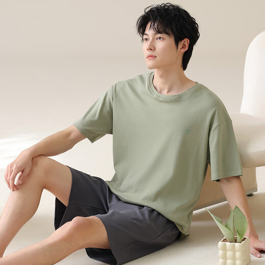 猫人男士睡衣男夏季纯棉100%全棉短袖短裤套装男生宽松大码圆领家居服 绿色13601 4XL 【推荐180-200斤】