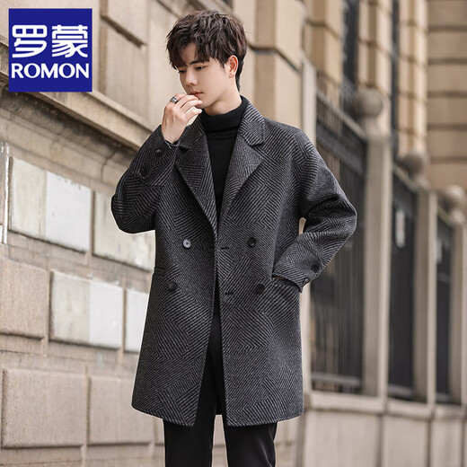 ROMON men's double-sided woolen coat 2025 mid-length autumn and winter woolen coat woolen windbreaker men's rhombus gray XL 180 recommended 140-155 Jin Jin equals 0.5 kg