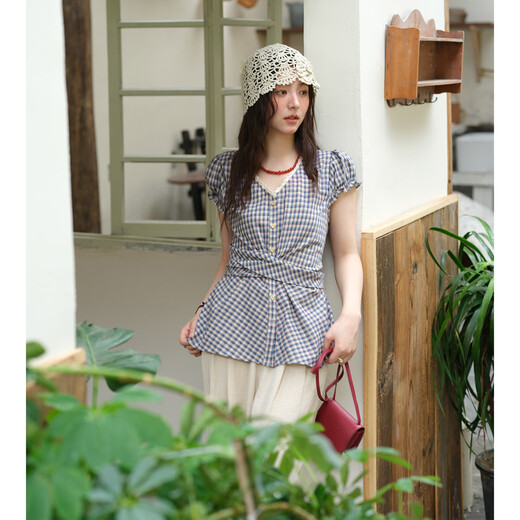 
Mystery lace lace short-sleeved shirt for women 2025 summer new bow tie puff sleeve shirt waist top trendy blue grid S