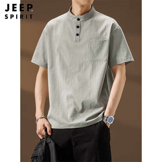 JEEP SPIRITPOLO shirt short-sleeved men's Henry collar 2025 summer thin stand-up collar quick-drying loose T-shirt Zhongshan breathable tops gray L weight range 120-140Jin Jin equals 0.5 kg