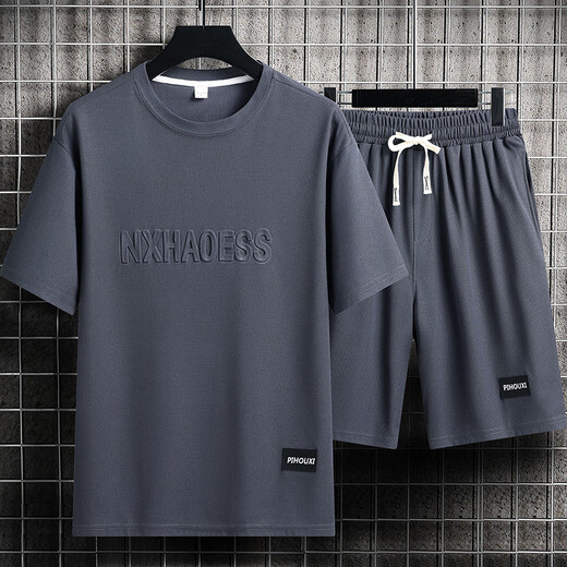 JEEP SPIRIT Jeep Summer Sports Set Trendy Brand Loose Short Sleeve T-shirt Ins Ice Silk T-shirt Shorts Handsome Two-piece Set Single Top-829 Black M (170)