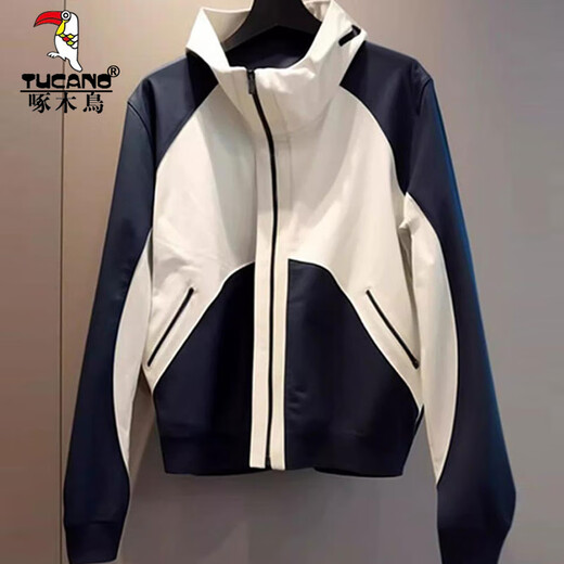 啄木鸟（TUCANO）撞色冲锋衣外套女2025春季新款宽松休闲防晒夹克开衫美式立领上衣 黑白拼接外套 XL 110斤-125斤