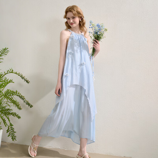 Xiyu Vestido Halter Azul Mujer 2025 Verano Nuevo Arco Flor Falda Estilo Resort Francés Azul M (160)