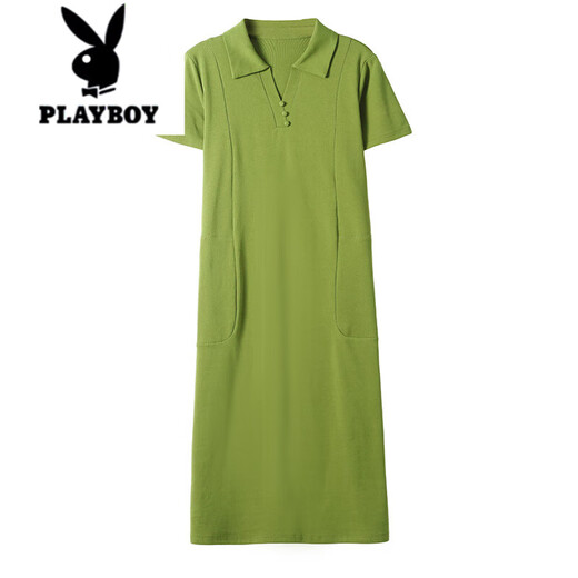 Playboy (Playboy) Polo-Nackenkleid für Frauen, Baumwoll-Sommer-Revers, mittelgroße Länge, lockerer, großer, großer Größe, schlanker und modischer T-Shirt-Rock, grünes 9859 Model S 90-100jin [Jin ist gleich 0,5 kg]