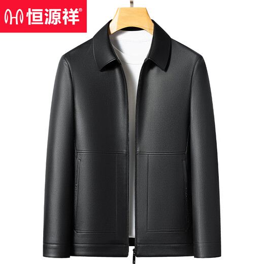 Hengyuanxiang Dad Leather Jacket Men's 2026 New Autumn and Winter Lapel Business Casual Velvet Leather Jacket for Middle-aged and Elderly Men Black Lapel Thin Section XL 180 Suitable for 125-140 Jin Jin equals 0.5 kg