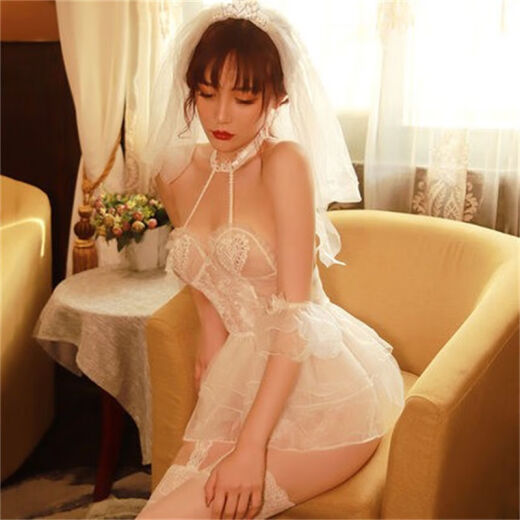 情趣婚纱新娘战袍女性感睡衣透明蕾丝婚纱情趣制服挑逗火辣诱惑套 纯情白套装+9756+模特袜 均码80-120斤