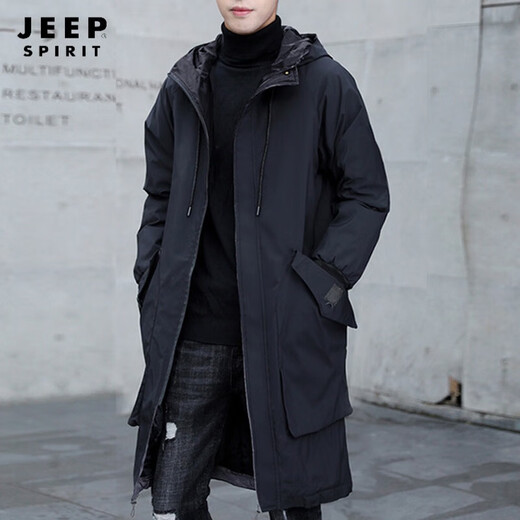 JEEP SPIRIT spring and autumn mid-length windbreaker men's cloak loose jacket plus fat plus size coat fat man hooded trendy thickened black quilted and thickened 6XL