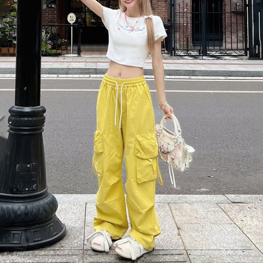 
Casual simple dopamine wear work pants for women in spring and summer drawstring hip-hop thin style wide-leg floor trousers MY-687 yellow XL
