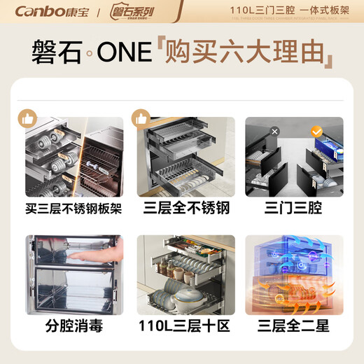 Canbo three-layer stainless steel rock disinfection cabinet embedded household large-capacity high-temperature two-star massive layered disinfection cupboard national subsidy XDZ100-ONE plate rack
