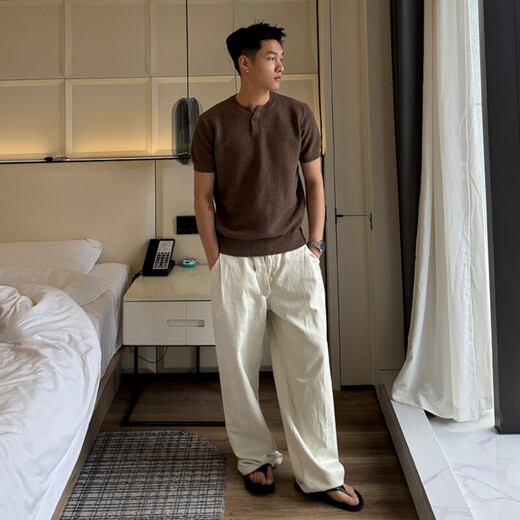 SMVP old money style polo shirt classy wear for men in summer one-button Henry collar short-sleeved T-shirt right shoulder half sleeve brown 2XL recommended 145-160Jin Jin equals 0.5 kg