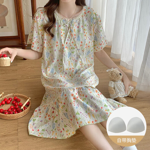维多利亚的格调带胸垫睡衣女夏季2025新款宽松可爱韩版碎花睡裙中长款家居服大码 M16862【带胸垫】 2XL