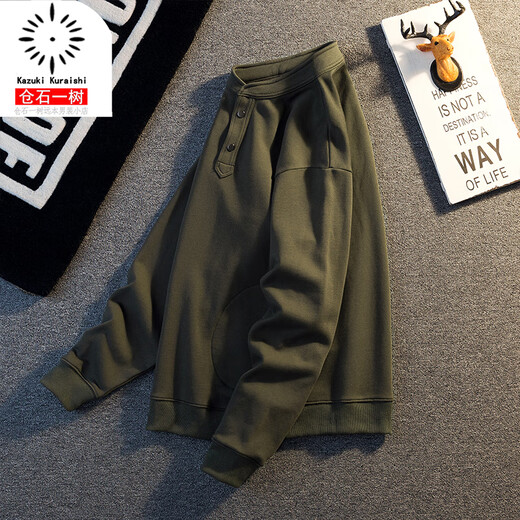 Kuraishi Kazuki American retro loose heavyweight bottoming long-sleeved sweatshirt men's autumn and winter trendy brand high-end hooded henley top Army Green M