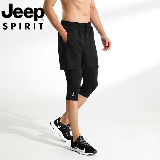 JEEP SPIRIT Jeep Sport Pants Running Pants Men's Fake Two-Piece Outdoor Cropped Pants Base-Finished Elastic Gym Quick Dry Pants 9923 Lake Blue Three-Cropped Pants M 165-170cm