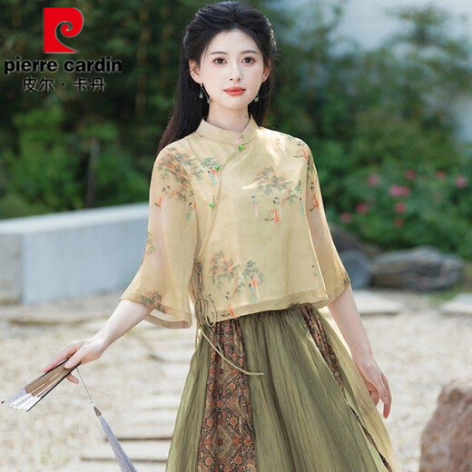 
Pier Cardin summer new Chinese style oriental classical Chinese style jacquard slanted lace temperament stand collar button top spliced ​​skirt suit 1043 green + 12161 brown S