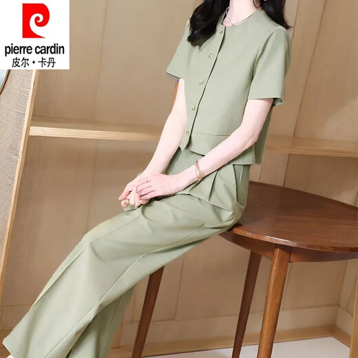 皮尔卡丹（pierre cardin）时尚套装女夏季2025新款洋气显瘦御姐圆领短袖衬衫直筒裤两件套女 12608-黑色套装 M 【建议80-95斤】