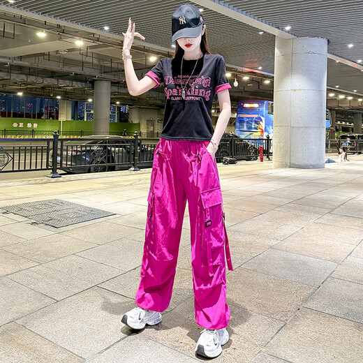 Buch- und Tee Amerikanische Schnellrockshose für Frauen im Sommer Dünne Square Dance Sportshosen 2025 Neue Treten-Tanz-Jazz-Tanzhose Schwarze Farbblocking Top 8828+Rose Red Hosen 6628 XL