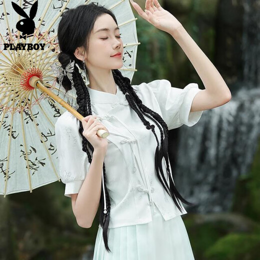 
Playboy; PLAYBOY new Chinese jacquard retro stand collar button Chinese style short-sleeved top one-piece national trend printed horse-face skirt suit for women 2375 white + 2396 green + 12187 white M