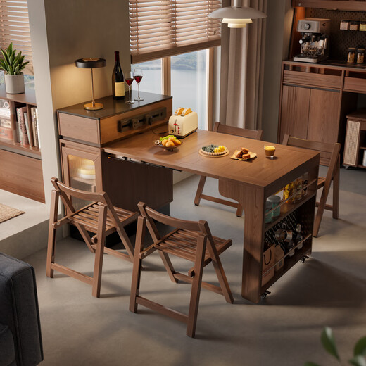 Solid wood island dining table integrated retractable slate sideboard against the wall modern simple multifunctional dining table island dining table + electric rail - walnut color installation included