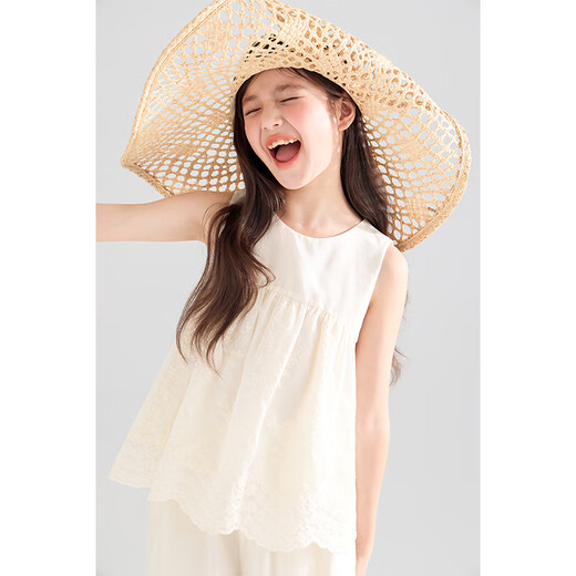 Mucmukn【岛城夏日】天丝莱赛尔 花边无袖背心小衫海边度假阔腿裤女童夏 衬衫M52XC3881A米色 110