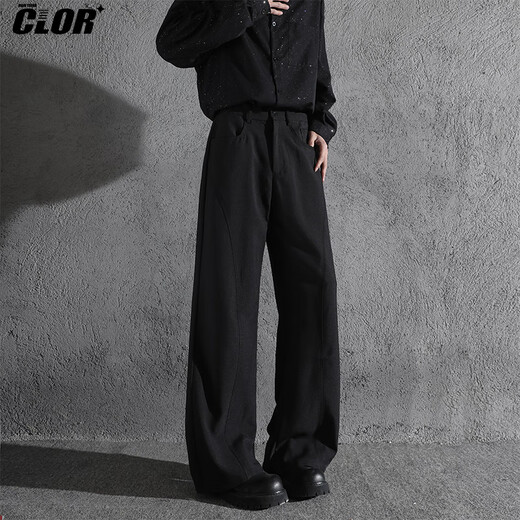 
CLOR American ice silk thin retro trendy brand scimitar trousers loose straight micro-flare trousers CL67 black L