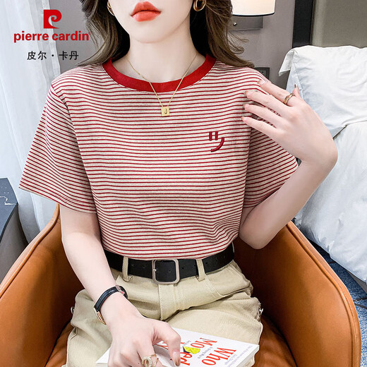 皮尔卡丹（pierre cardin）条纹短袖t恤女宽松韩版女装2025年夏季新款百搭体恤圆领半袖上衣 紫色 9928 M 建议95-105斤
