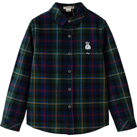 IVY HOUSE children's clothing for boys and older children in spring and autumn new style plaid shirt long-sleeved tops cotton versatile college style base A dark green 120