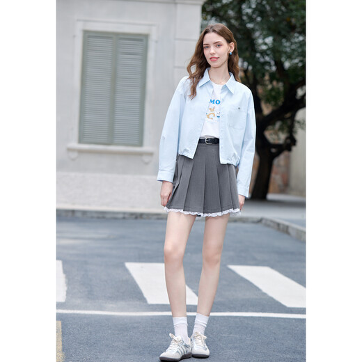 百图betu女装2025秋季新款短外套100%棉薄款休闲衬衫外套女2507T33 蓝色 L